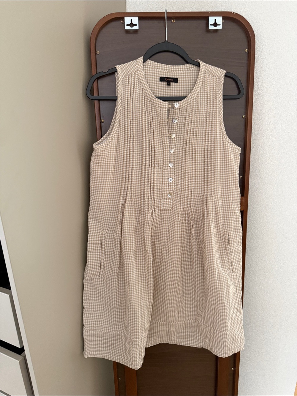 Quince Neutral Beige Gingham Sleeveless Button mini Dress